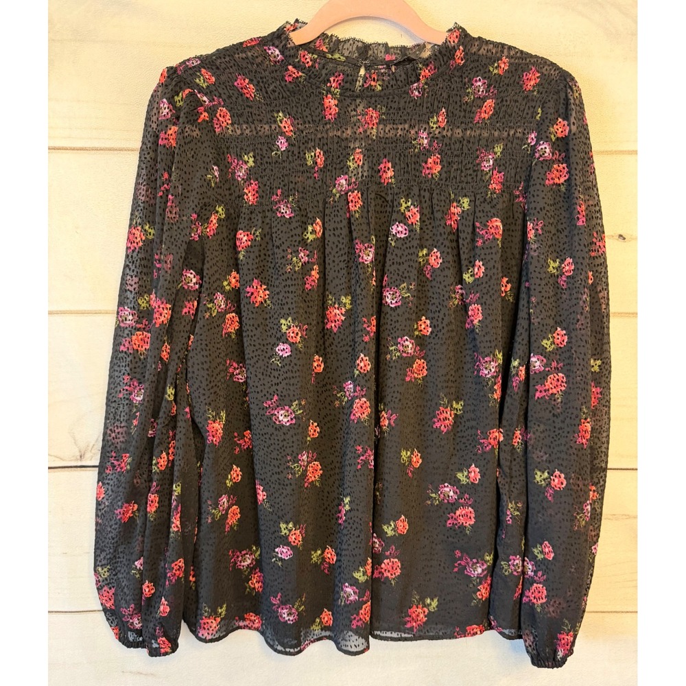 Banana Republic Black Floral Smocked Mock Neck Clip Dot Blouse Small Rose Print